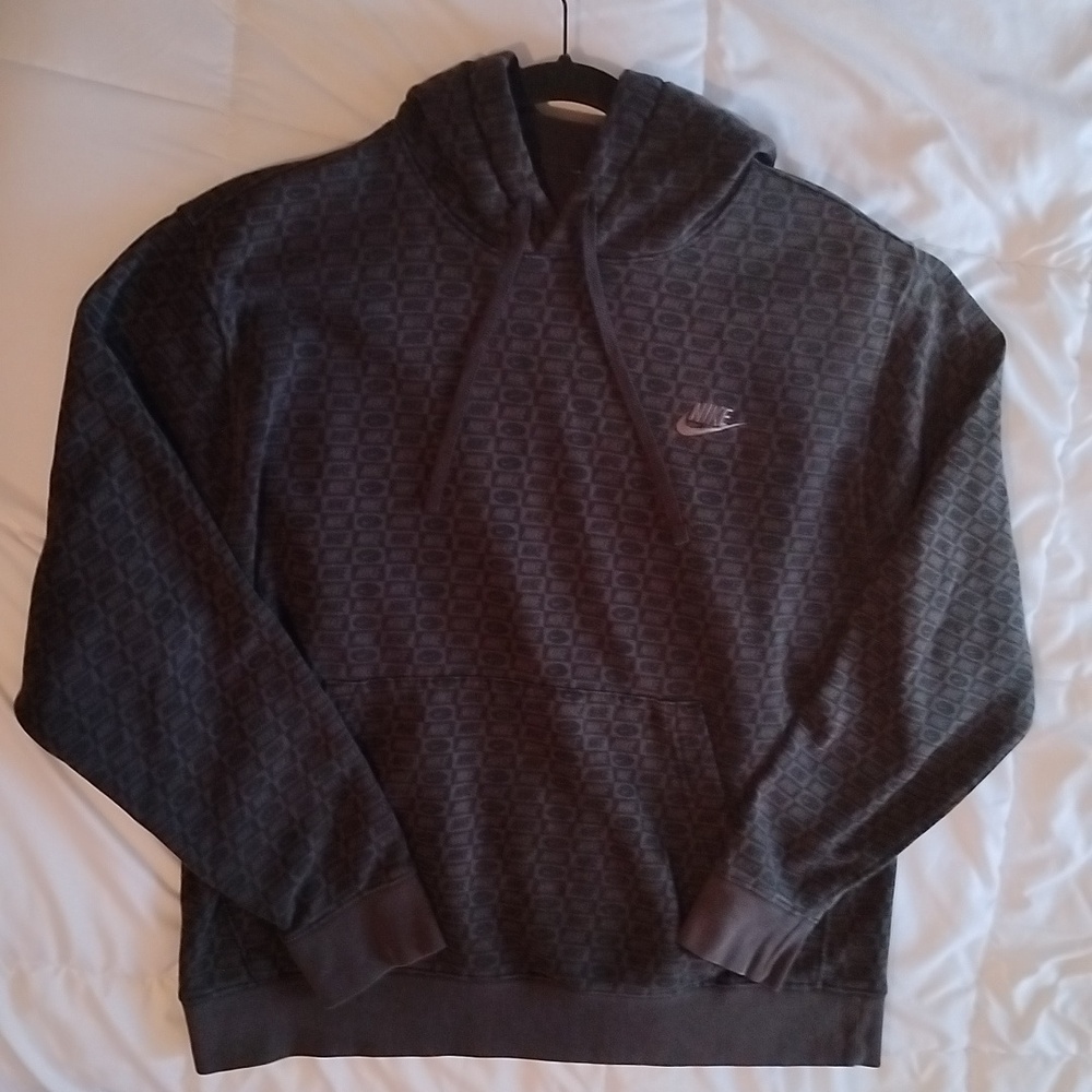 Nike Charcoal Gray Black Patterned Hoodie with Subtle Logo - Large